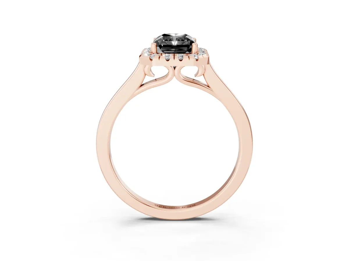Fancy Black Radiant Cut Halo Round Diamond Solitaire Ring with Pavé Band and Four-Prong Setting Rose gold