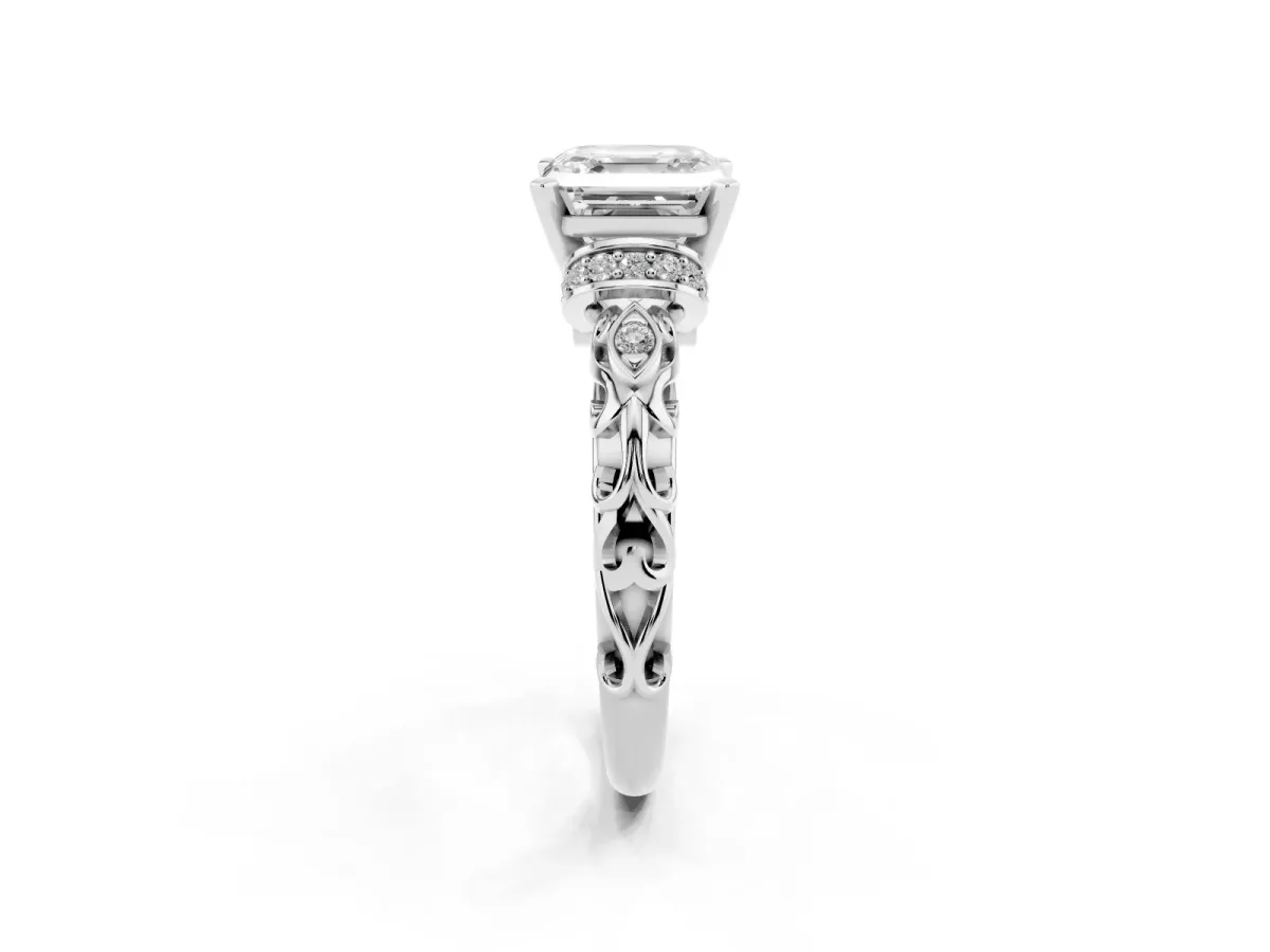 Asscher Cut Diamond Solitaire Ring with Filigree Band and Four-Prong Setting Silver