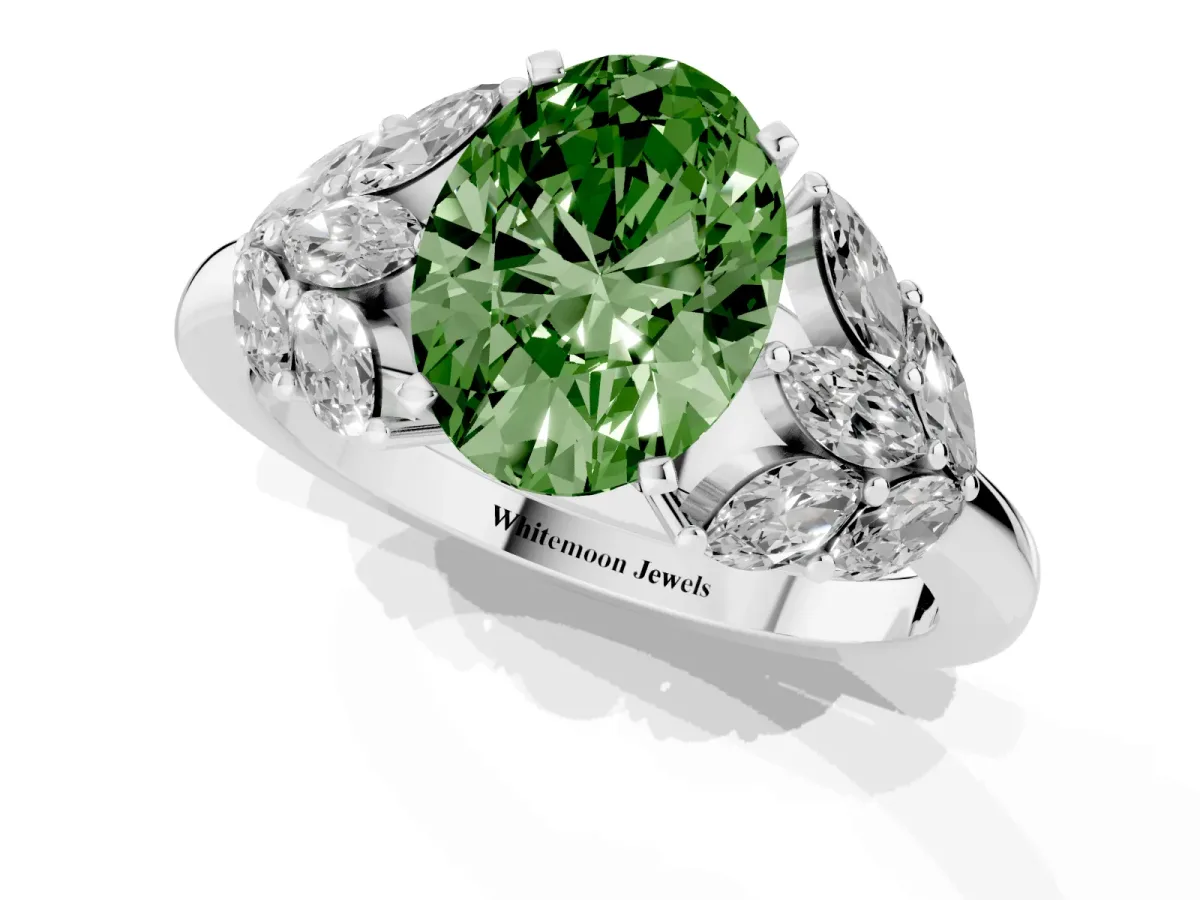Fancy Green Oval Cut Diamond Cluster Leaf Design Ring with Prong Setting Platinum