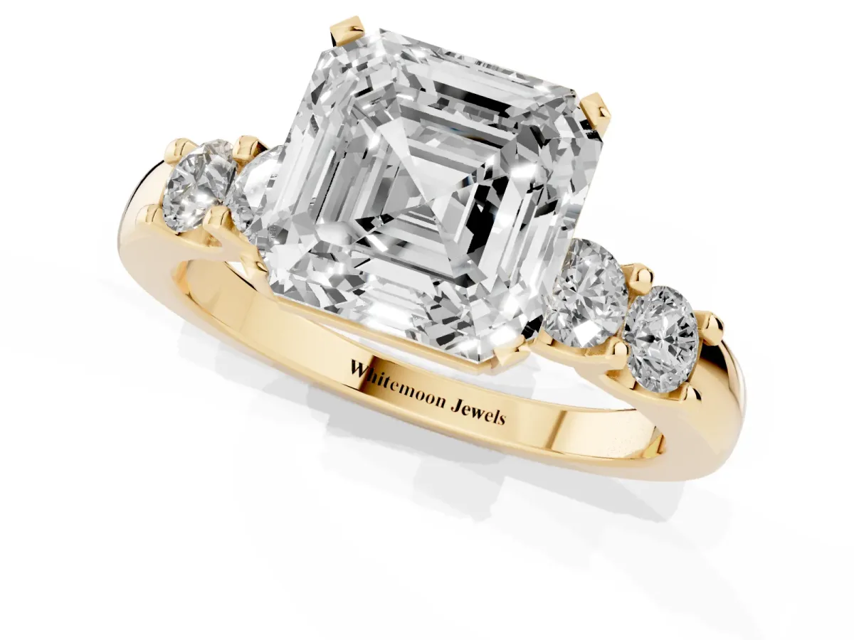 Asscher Cut Brilliant Cut Diamond Five-Stone Prong Set Engagement Ring with Channel Band Yellow gold