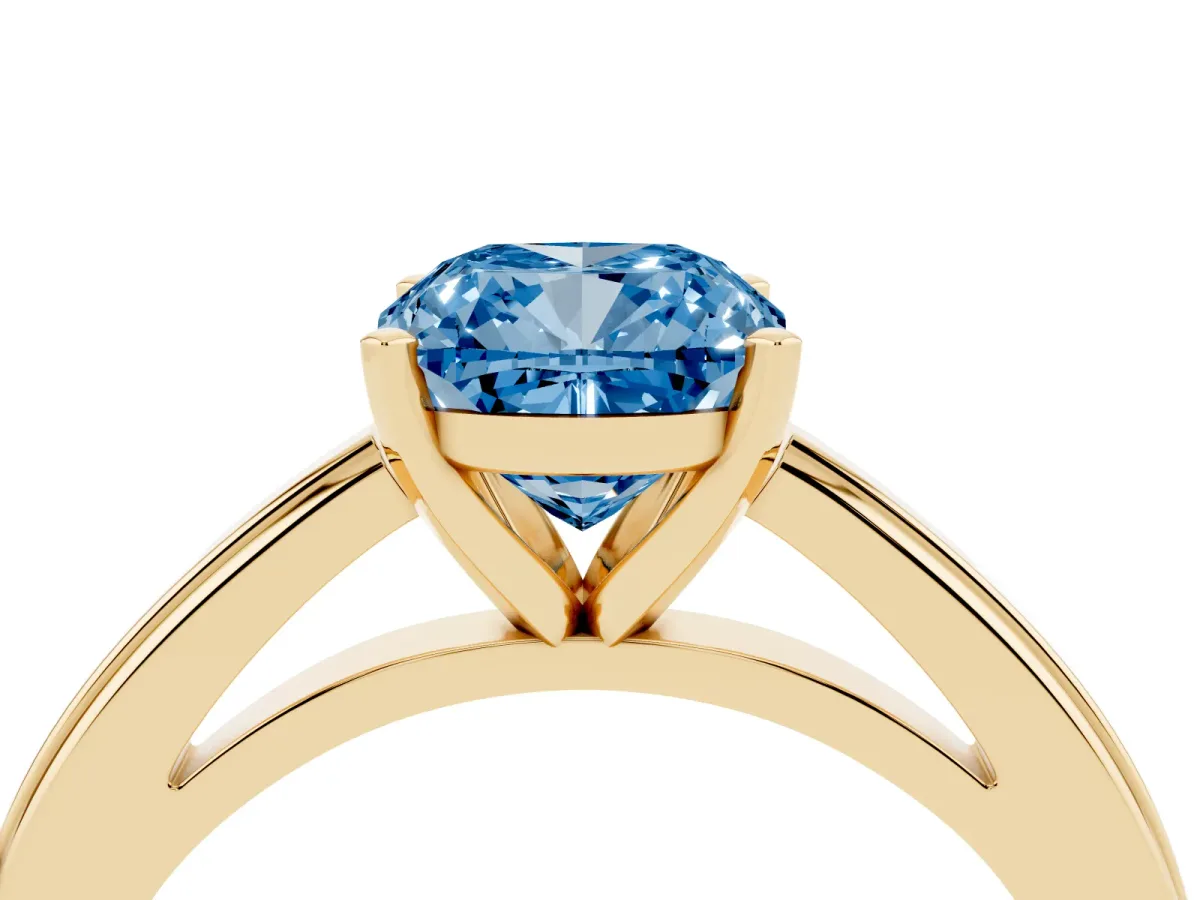 Fancy Blue Cushion Cut Solitaire Diamond Ring with Four-Prong Setting and Classic Band Yellow gold