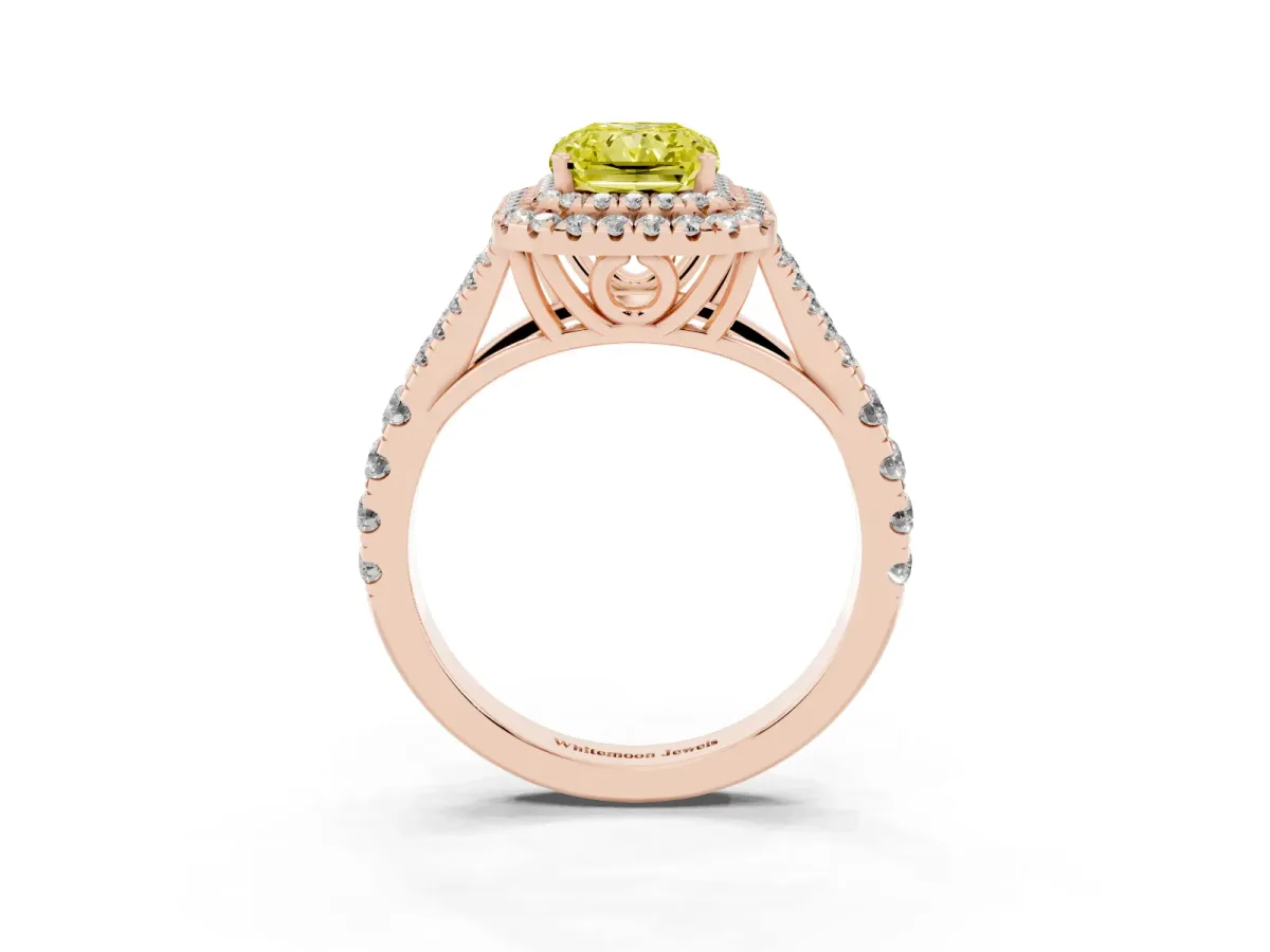 Fancy Yellow Radiant Cut Diamond Double Halo Ring with Split Shank and Prong Setting Rose gold