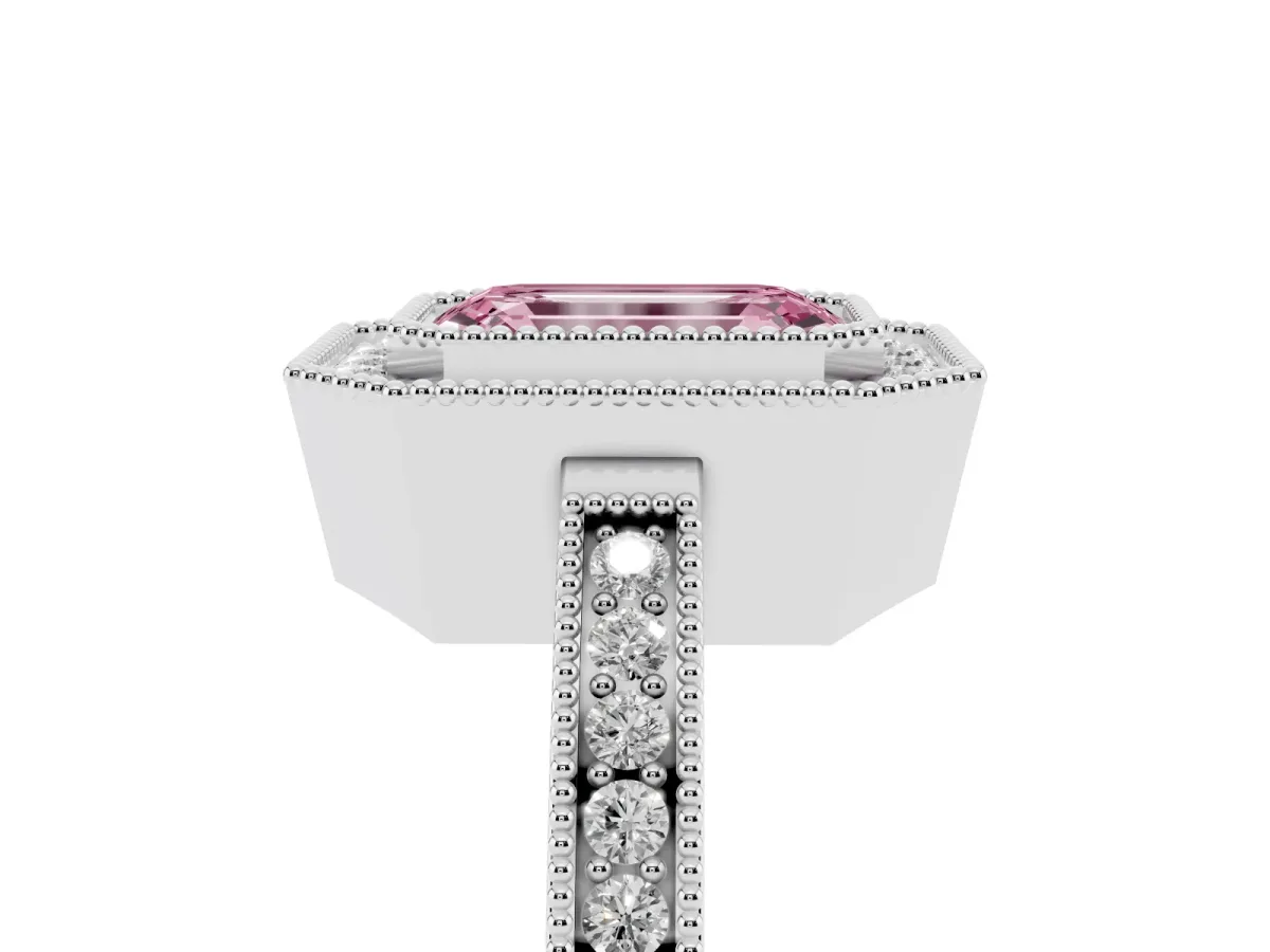 Fancy Pink Emerald Cut Cut Halo Diamond Ring with Pavé Band and Milgrain Prong Setting Silver