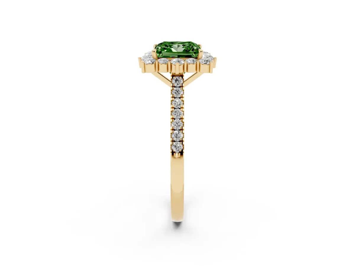 Fancy Green Princess Cut Halo Diamond Ring with Pavé Band and Prong Setting Yellow gold