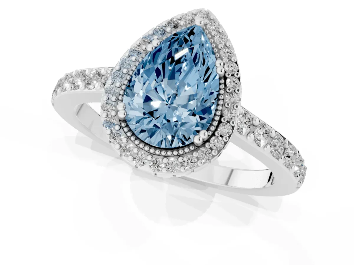 Fancy Blue Pear Cut Cut Diamond Halo Engagement Ring with Milgrain Detail and Pavé Band White gold