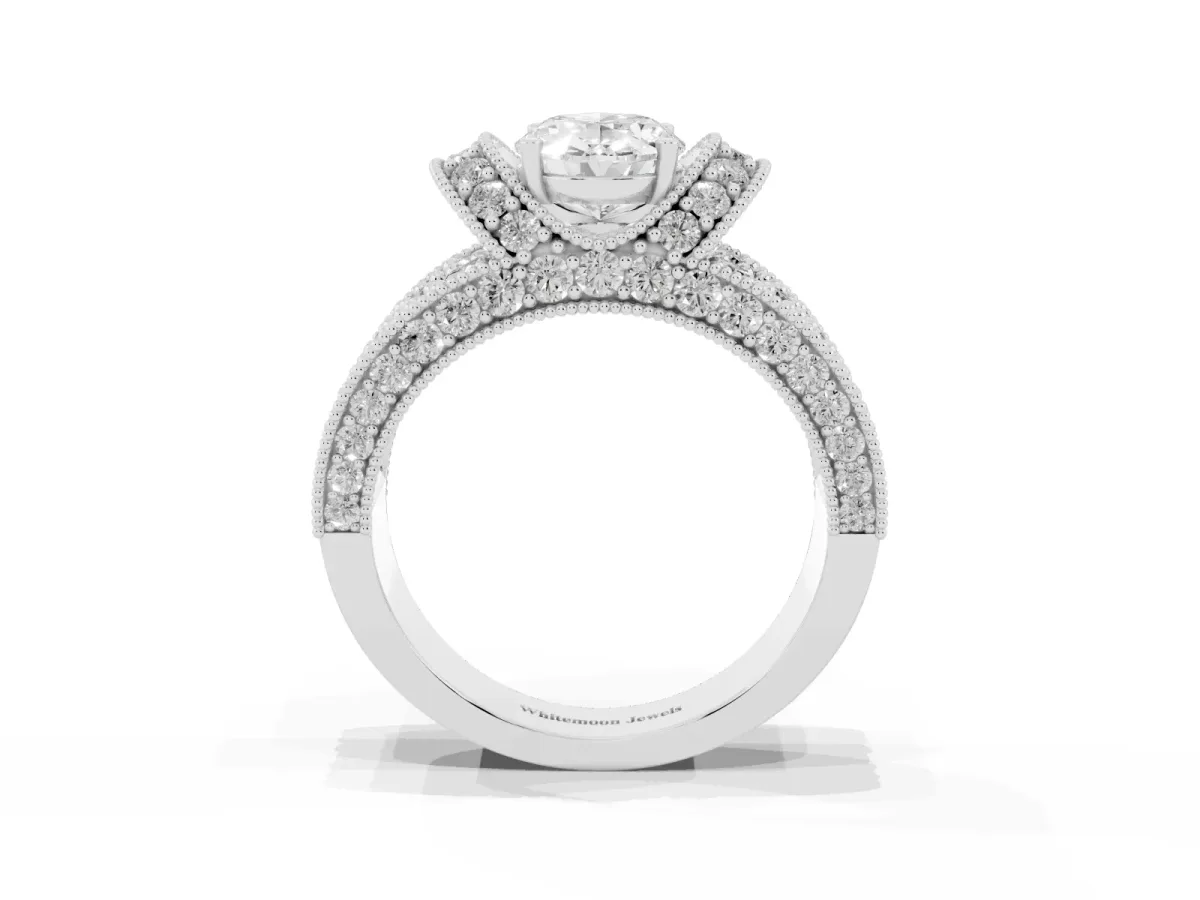 Oval Cut Halo Pave Diamond Engagement Ring with Milgrain Detailing Platinum