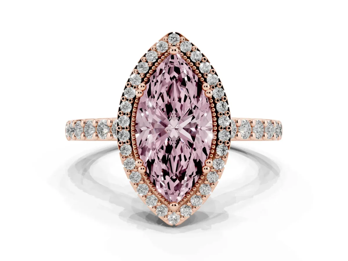 Fancy Pink Marquise Cut Cut Diamond Halo Engagement Ring with Milgrain Detail and Pavé Band Rose gold