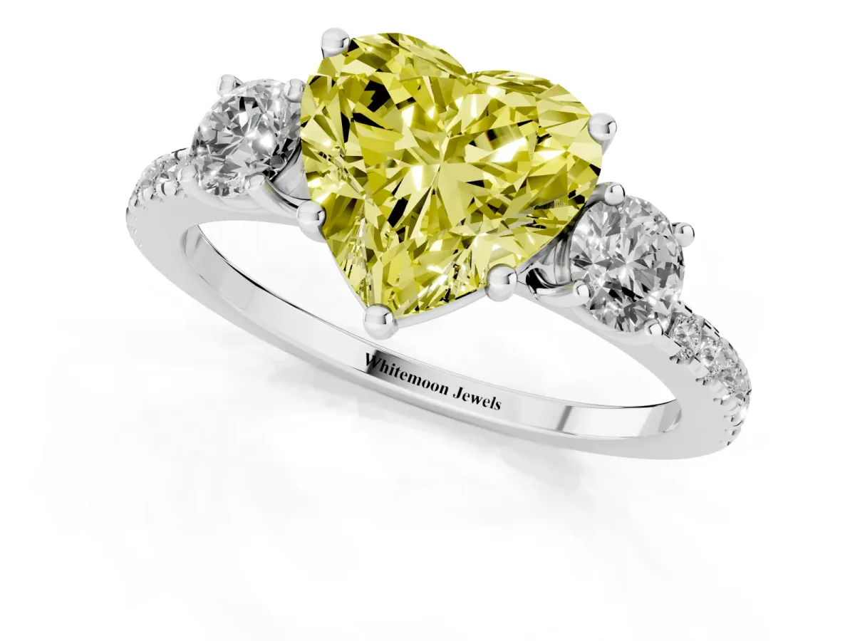 Fancy Yellow Three-Stone Heart Cut Cut Diamond Pavé Band with Prong Setting Silver