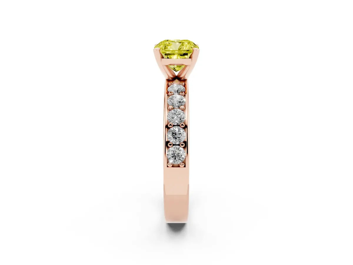Fancy Yellow Cushion Cut Diamond Engagement Ring with Channel Set Round Band and Prong Setting Rose gold