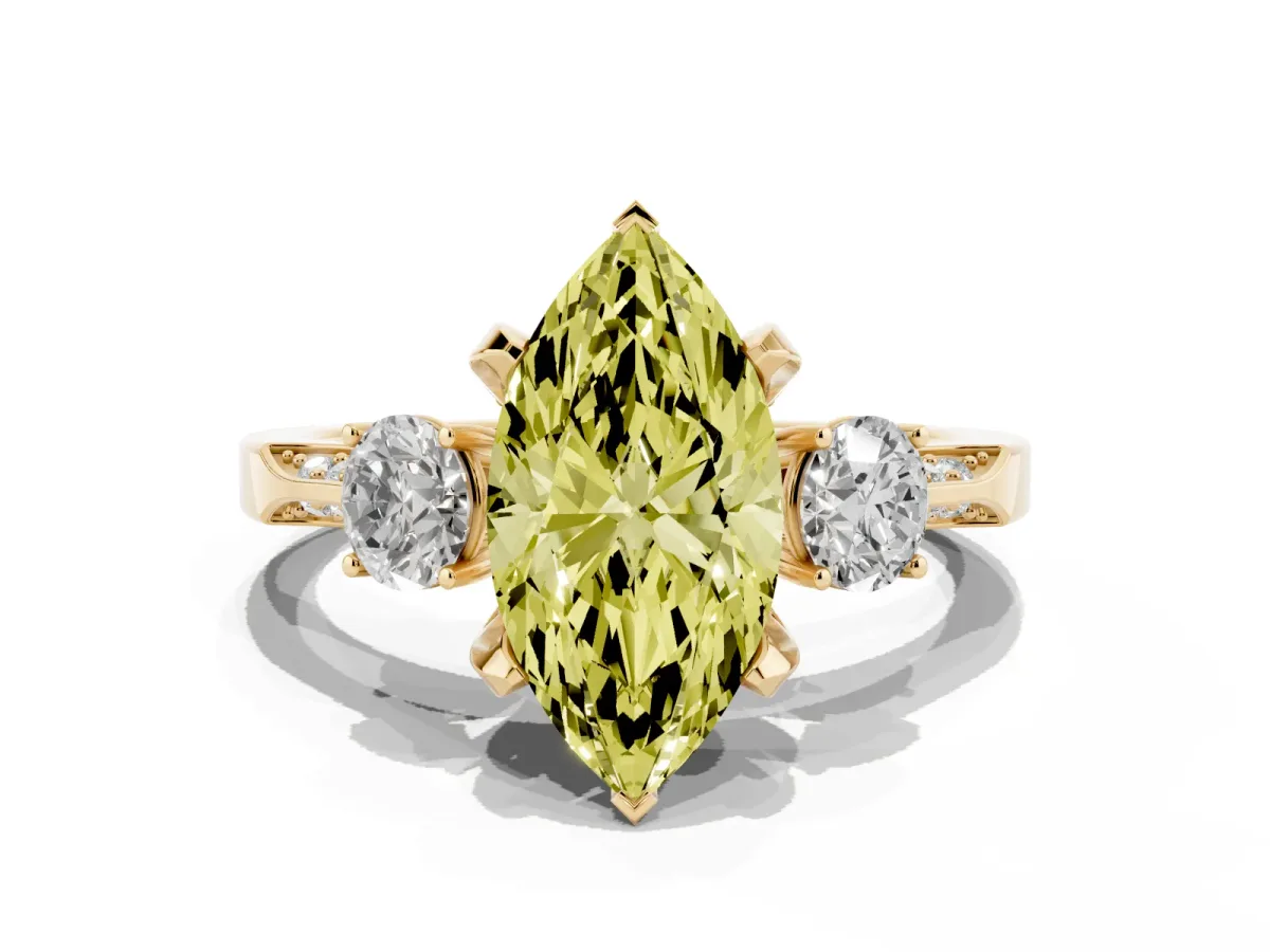 Fancy Yellow Marquise Cut Brilliant Three-Stone Diamond Ring with Pavé Band and Four-Prong Setting Yellow gold