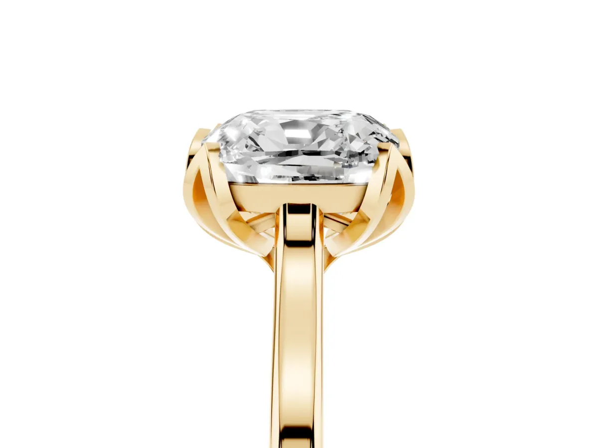 Cushion Cut Diamond Solitaire Ring with Flower Prong Setting and Classic Band Yellow gold