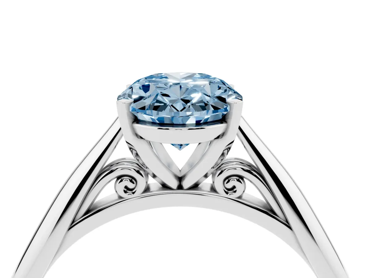 Fancy Blue Oval Cut Diamond Solitaire Engagement Ring with Cathedral Setting and Four-Prong Mount Silver
