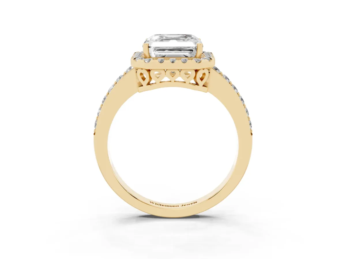 Asscher Cut Halo Diamond Pavé Band Ring with Prong Setting Yellow gold