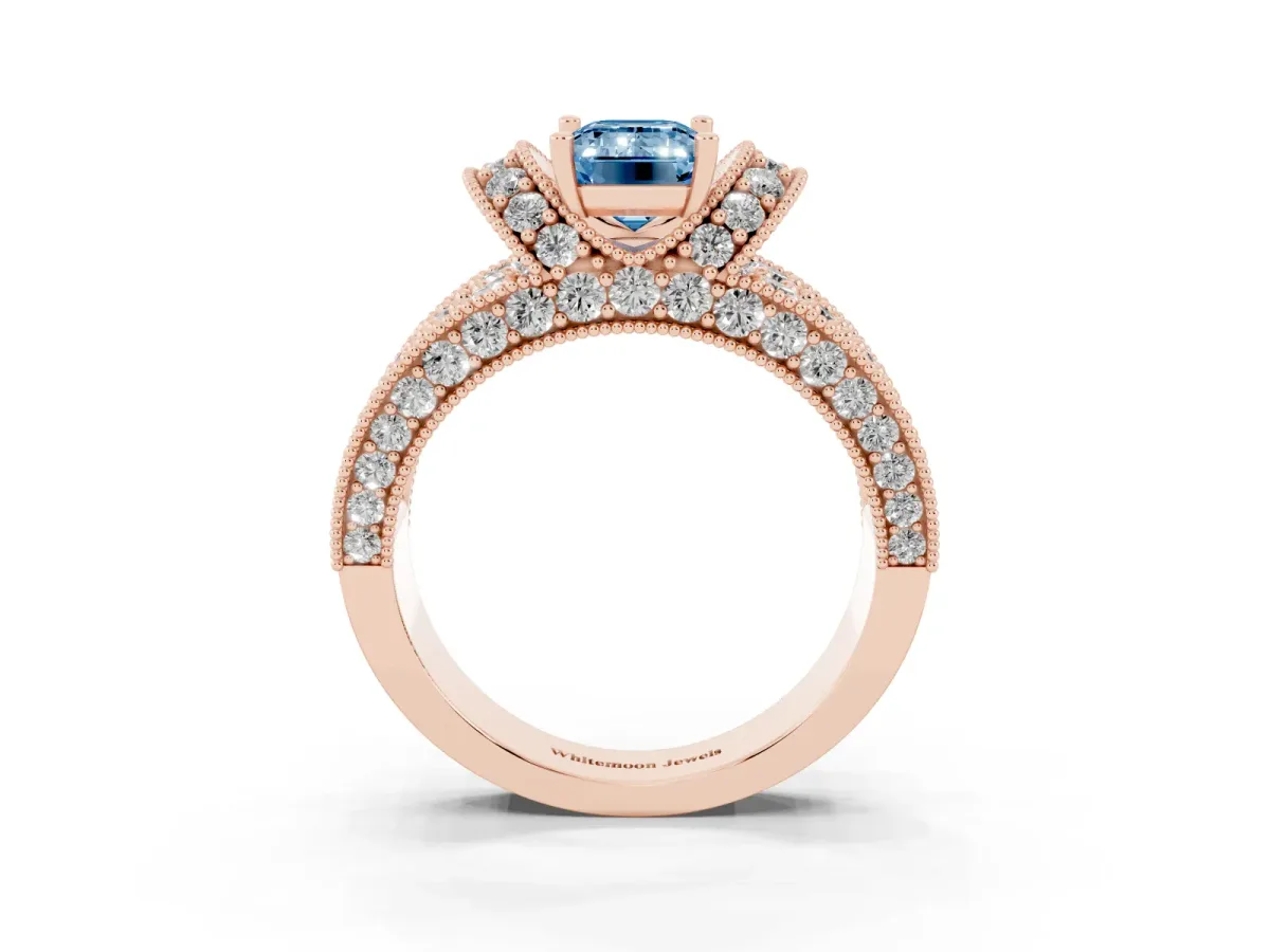 Fancy Blue Emerald Cut Halo Pave Diamond Engagement Ring with Milgrain Detailing Rose gold