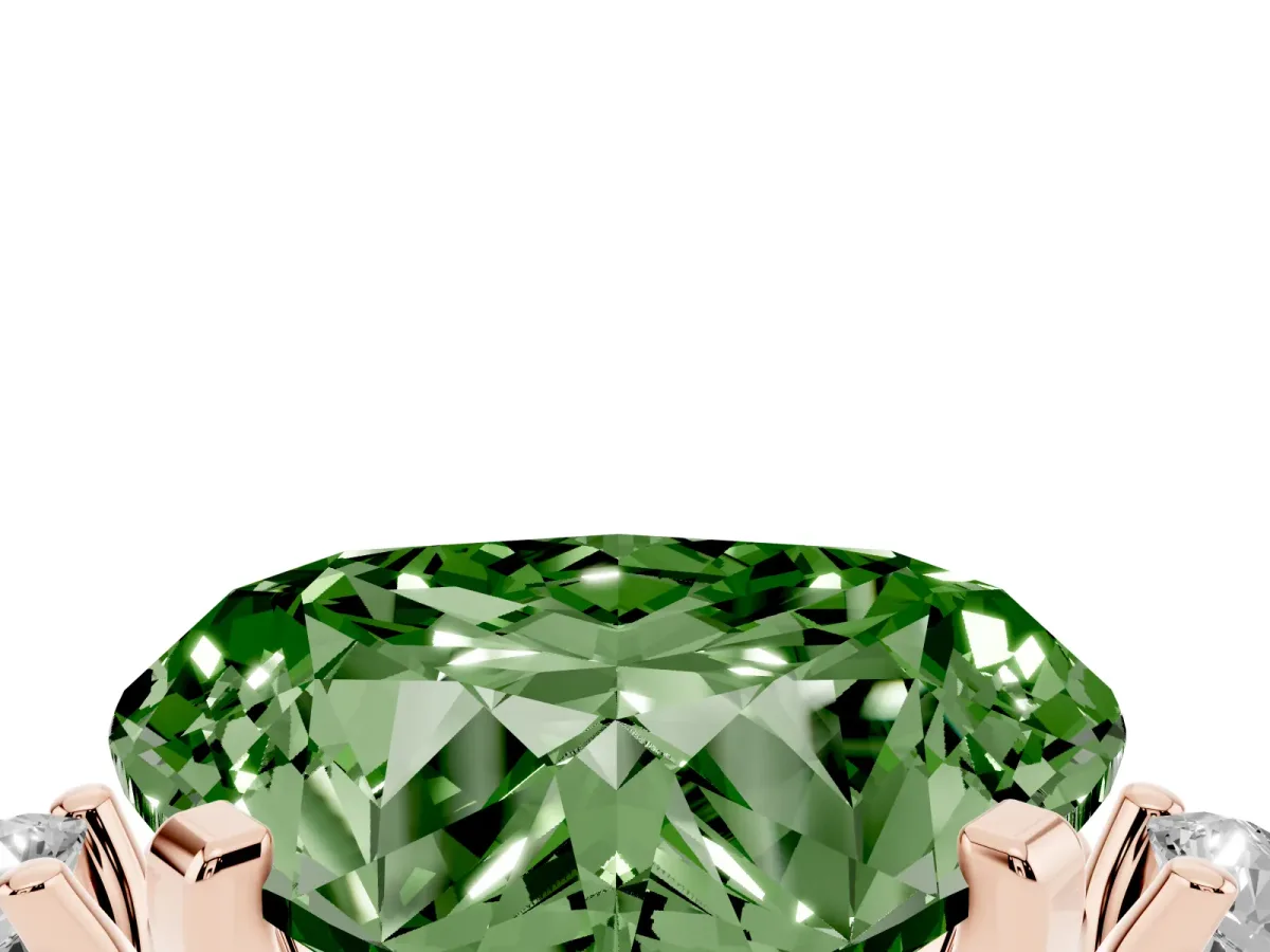 Fancy Green Heart Cut Cut Three-Stone Solitaire Ring with Round Accent Diamonds and Four-Prong Setting Rose gold
