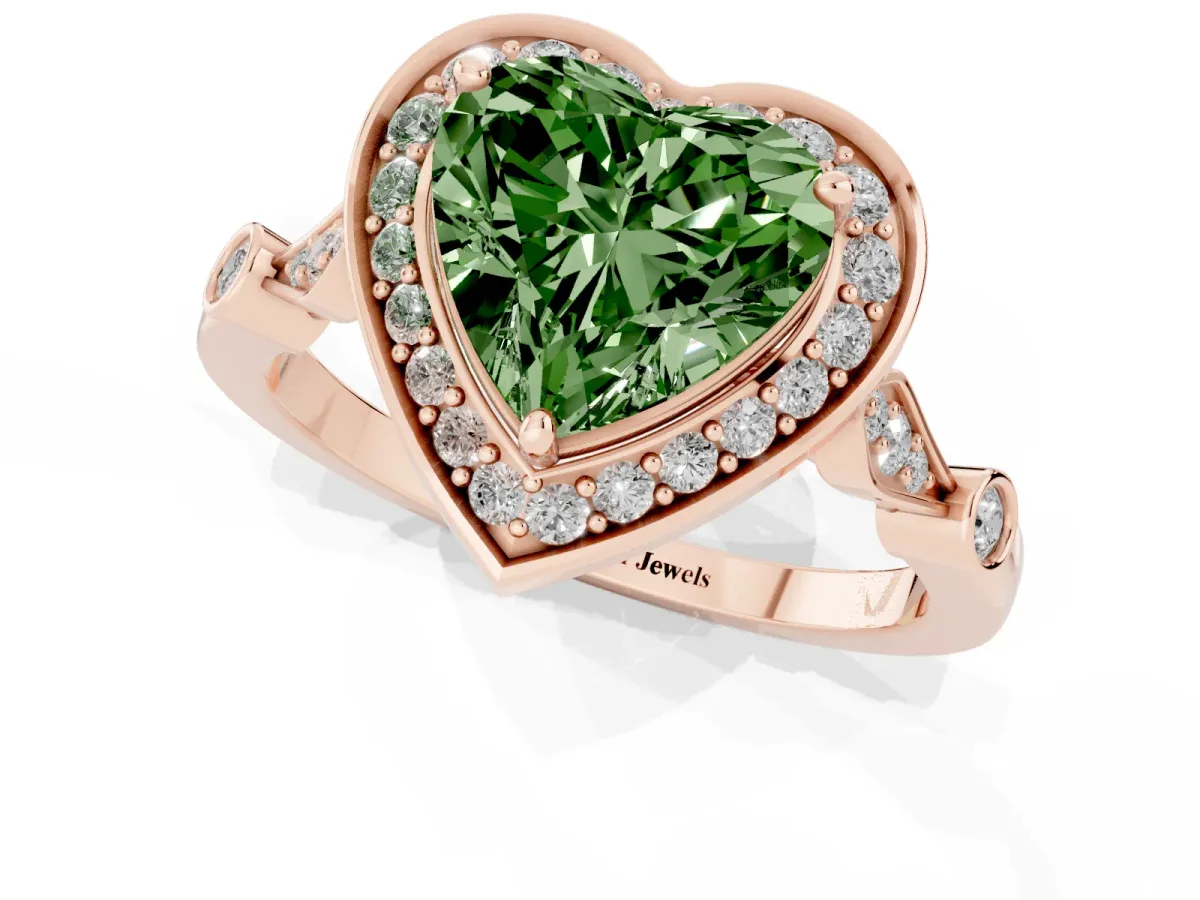 Fancy Green Heart Cut Halo Diamond Engagement Ring with Twisted Band and Four-Prong Setting Rose gold
