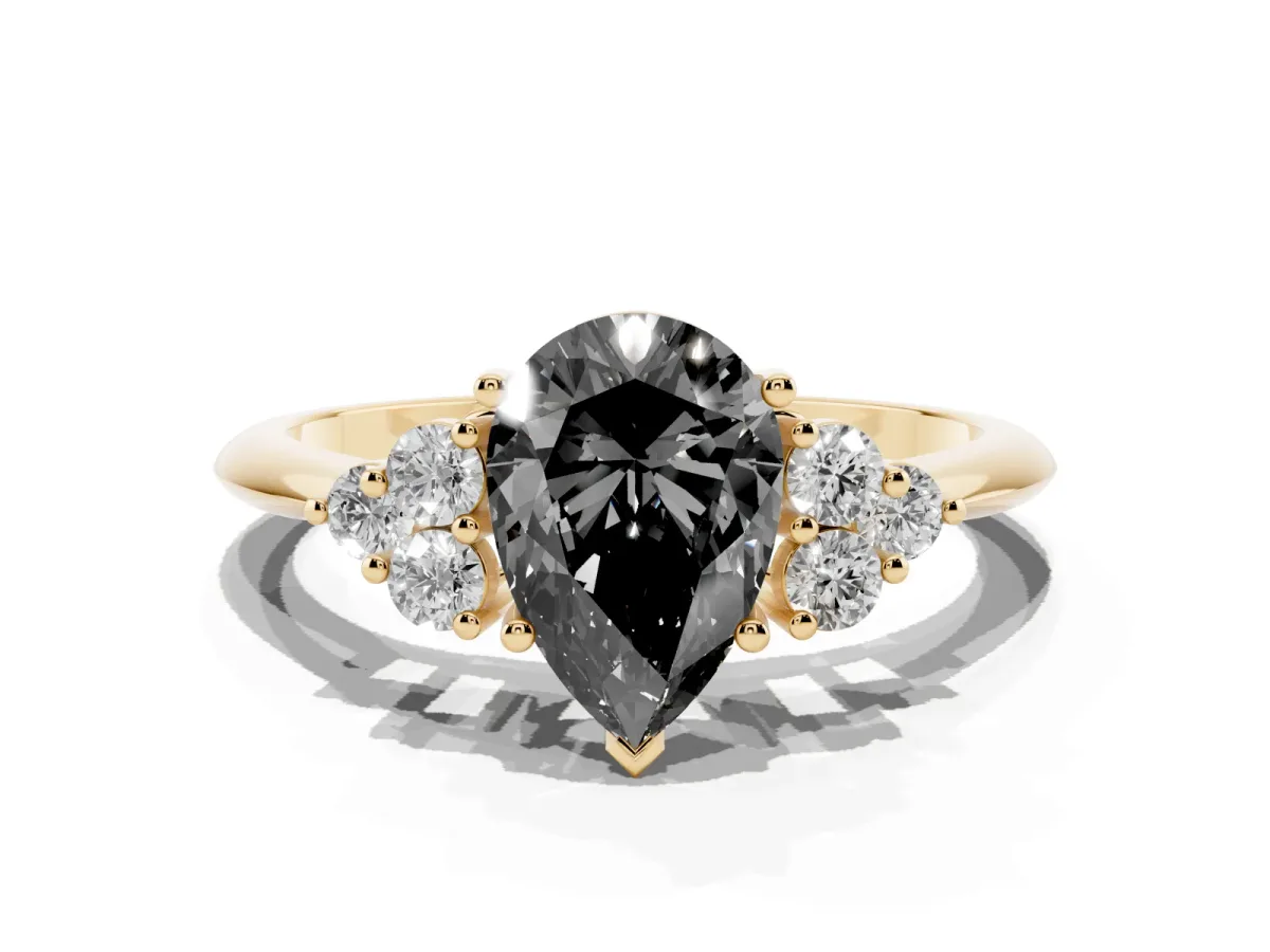 Fancy Black Pear Cut Cut Diamond Cluster Ring with Solitaire Band and Four-Prong Setting Yellow gold