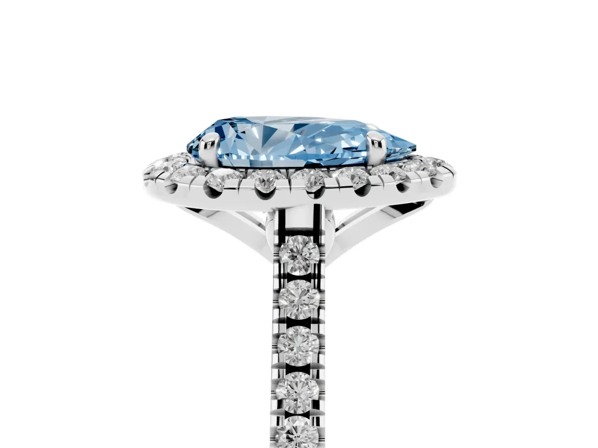 Fancy Blue Pear Cut Diamond Cushion Halo Ring with Pavé Band Silver