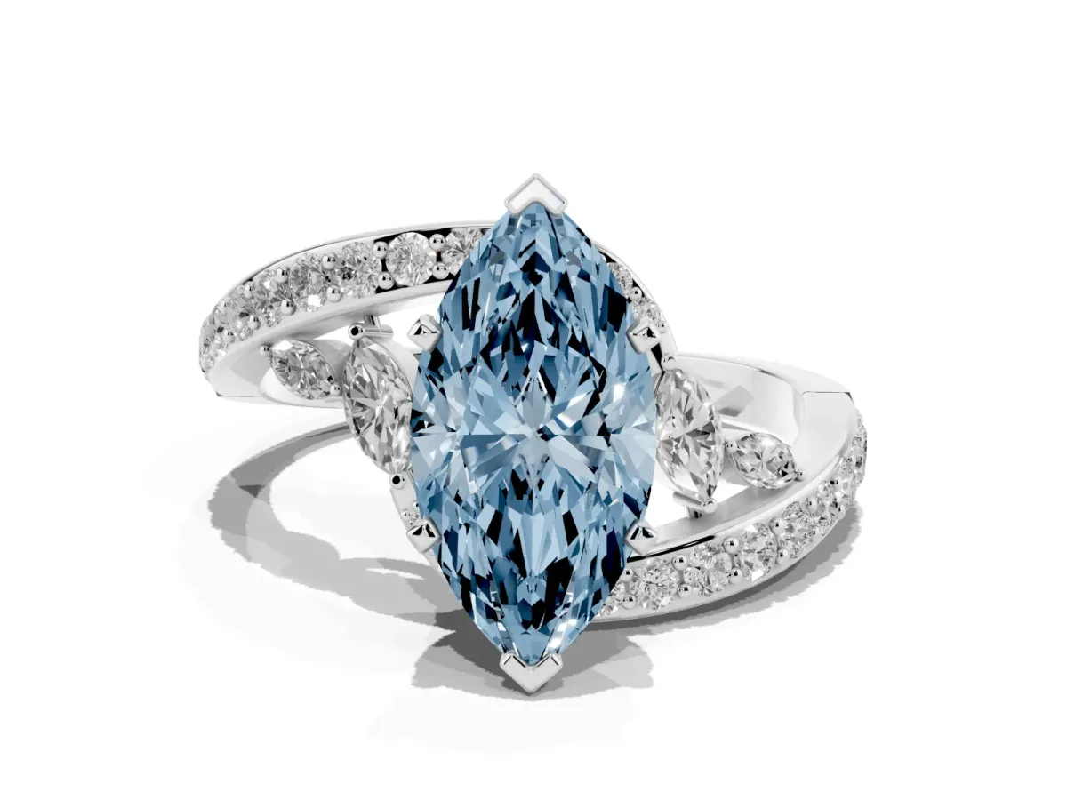 Fancy Blue Marquise Cut Solitaire with Pavé Twist Band and Four-Prong Setting Platinum
