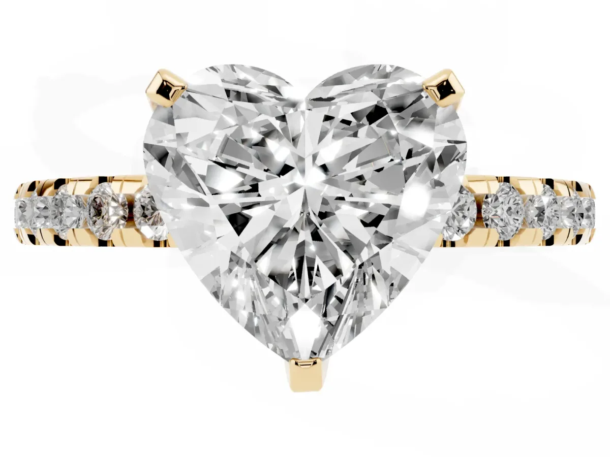 Heart Cut Diamond Solitaire Ring with Round Pavé Band and Four-Prong Setting Yellow gold