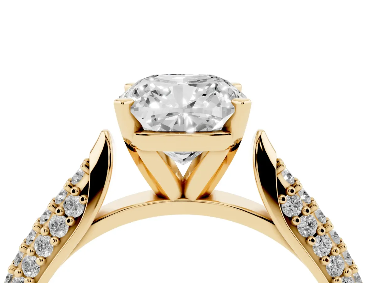 Cushion Cut Diamond Solitaire Engagement Ring with Multi-Row Round Pavé Band and Prong Setting Yellow gold