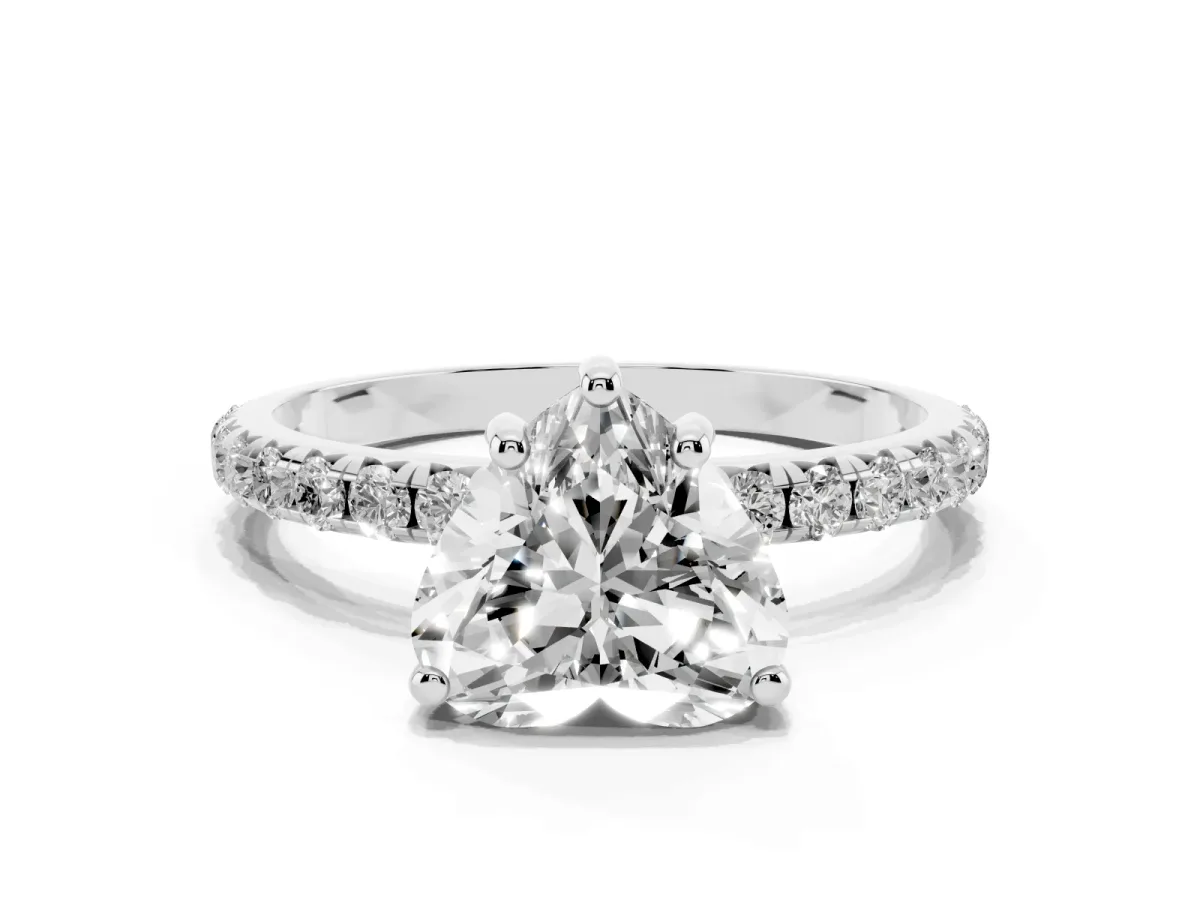 Heart Cut Cut Diamond Solitaire Ring with Micro Pave Band and Four Prong Setting Silver
