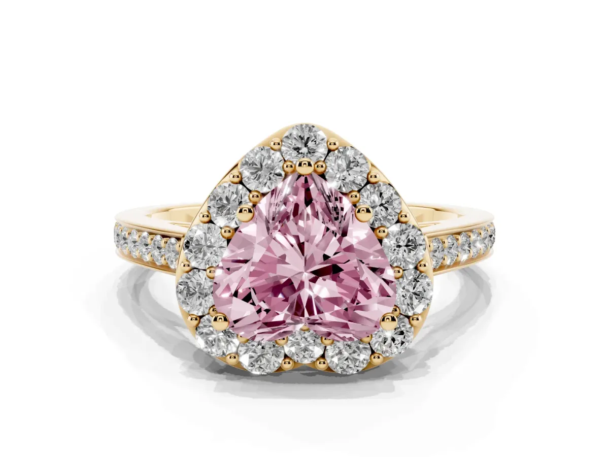 Fancy Pink Heart Cut Diamond Floral Halo Ring with Pavé Band and Prong Setting Yellow gold