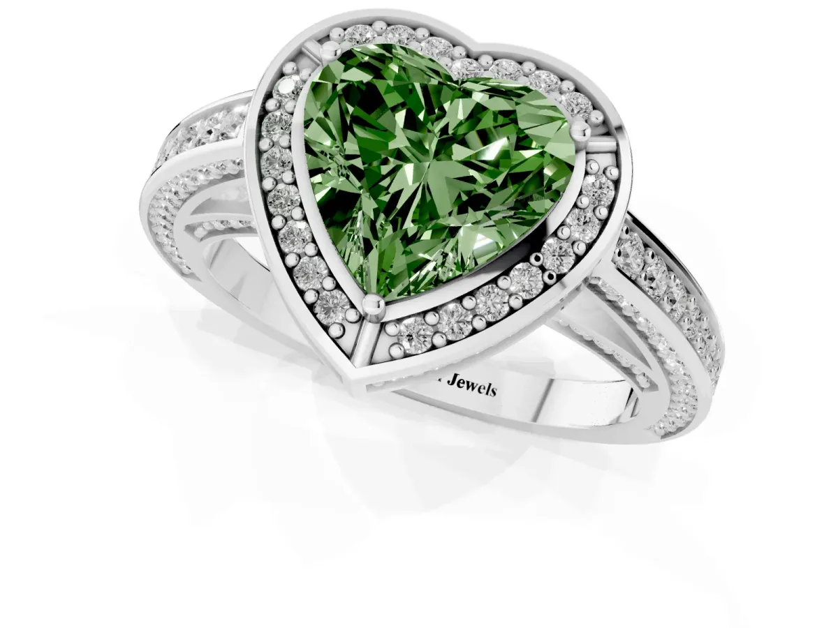 Fancy Green Heart Cut Cut Halo Pave Split Shank Prong Setting Ring Platinum