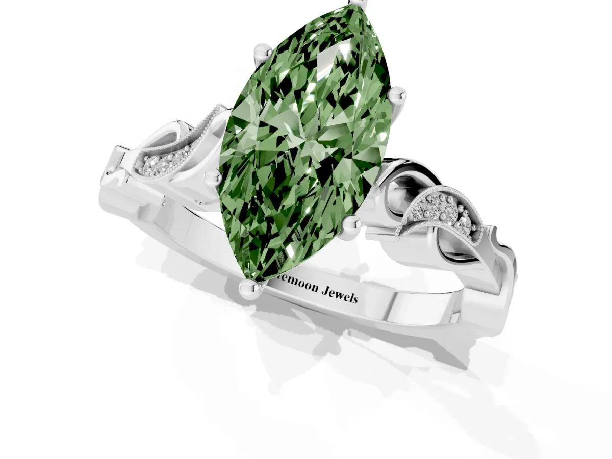 Fancy Green Marquise Cut Solitaire Vine Band with Milgrain Prong Setting Silver