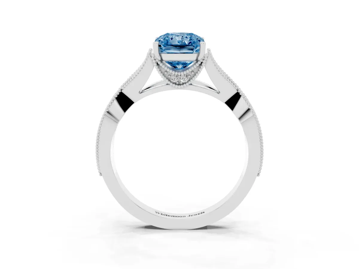 Fancy Blue Radiant Cut Cut Diamond Twisted Band with Milgrain Pave Setting and Four-Prong Setting Silver