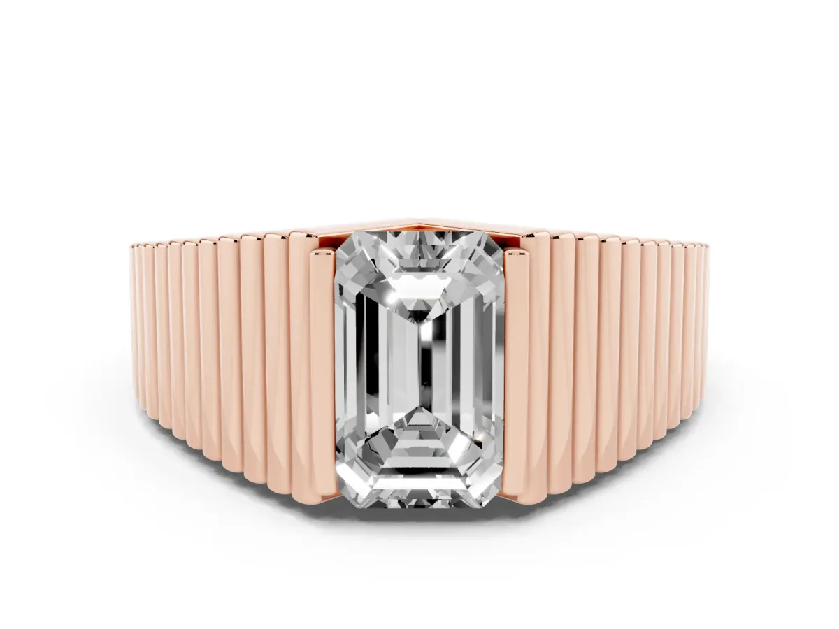 Emerald Cut Diamond Fluted Mens Ring Rose gold