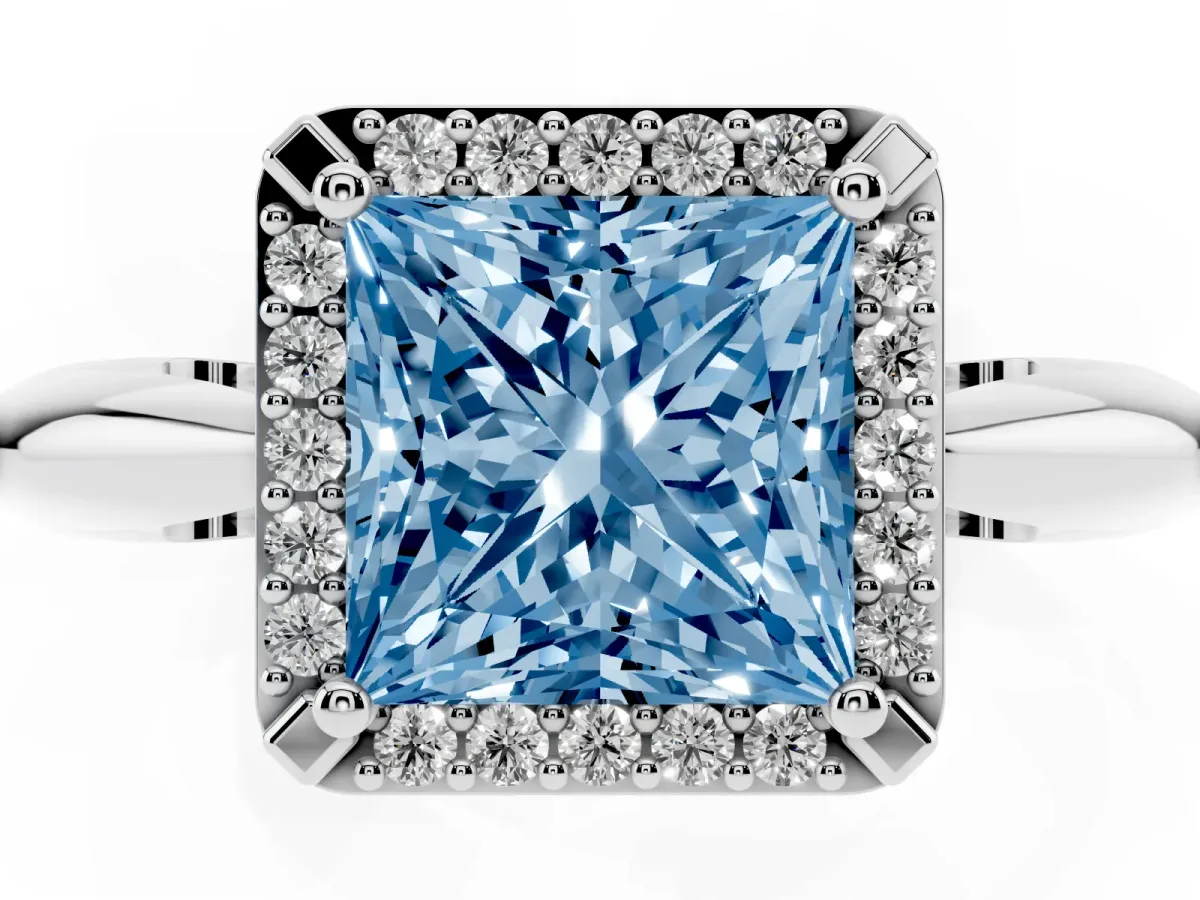 Fancy Blue Princess Cut Cut Diamond Halo Engagement Ring with Split Shank and Four-Prong Setting Silver