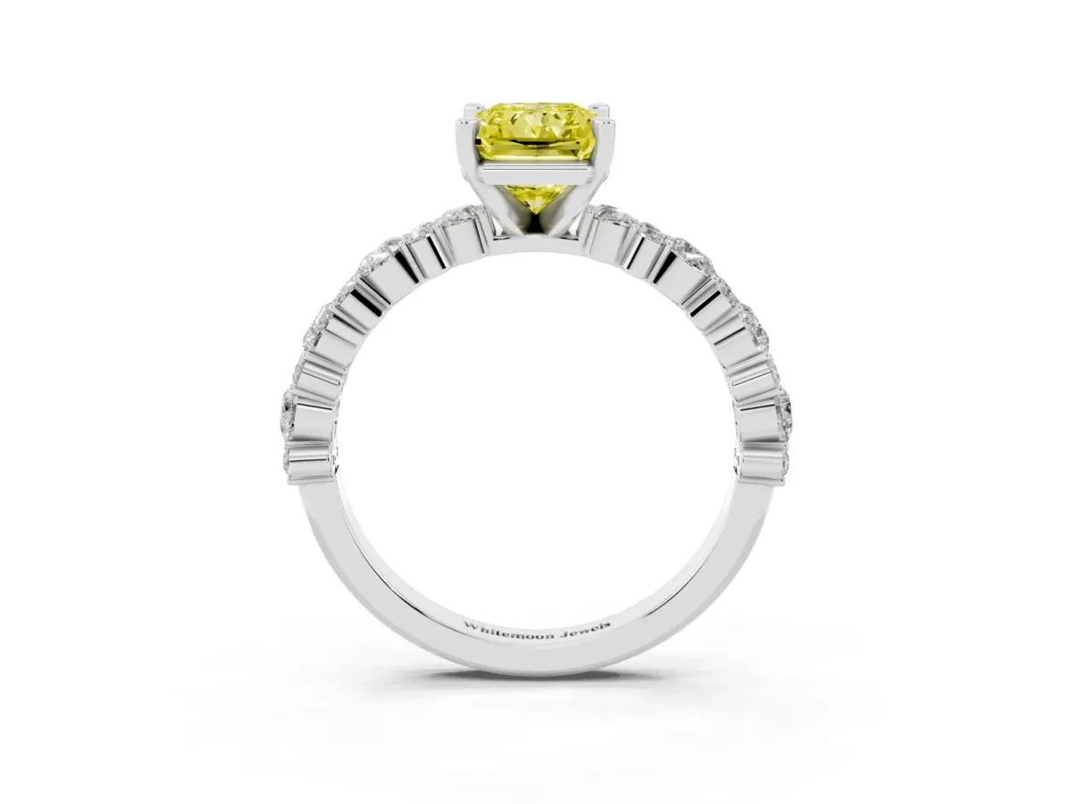Fancy Yellow Radiant Cut Diamond Side Stone Solitaire Ring with Round and Four-Prong Setting Silver
