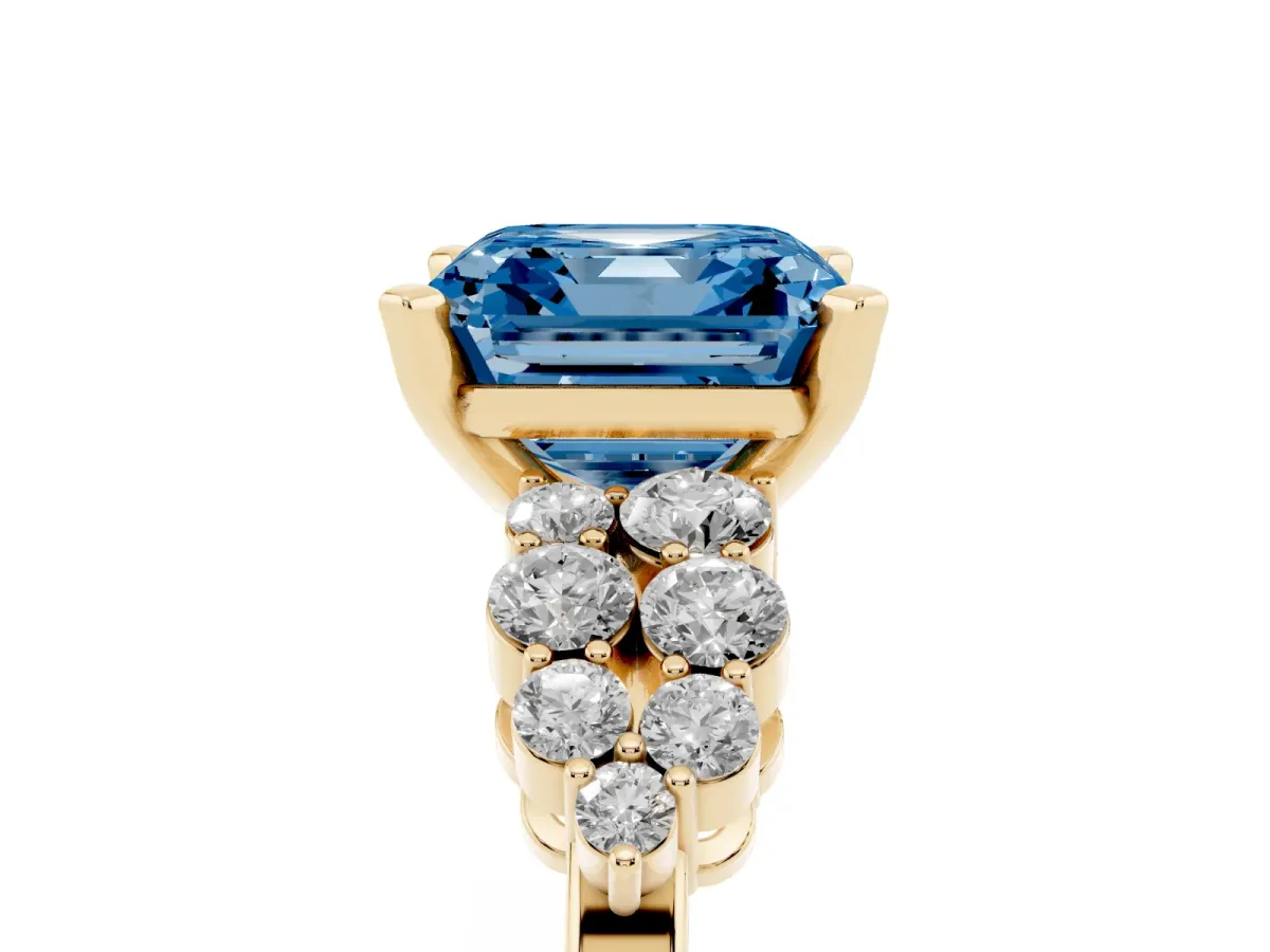 Fancy Blue Asscher Cut Cluster Diamond Engagement Ring with Pavé Band and Four-Prong Setting Yellow gold