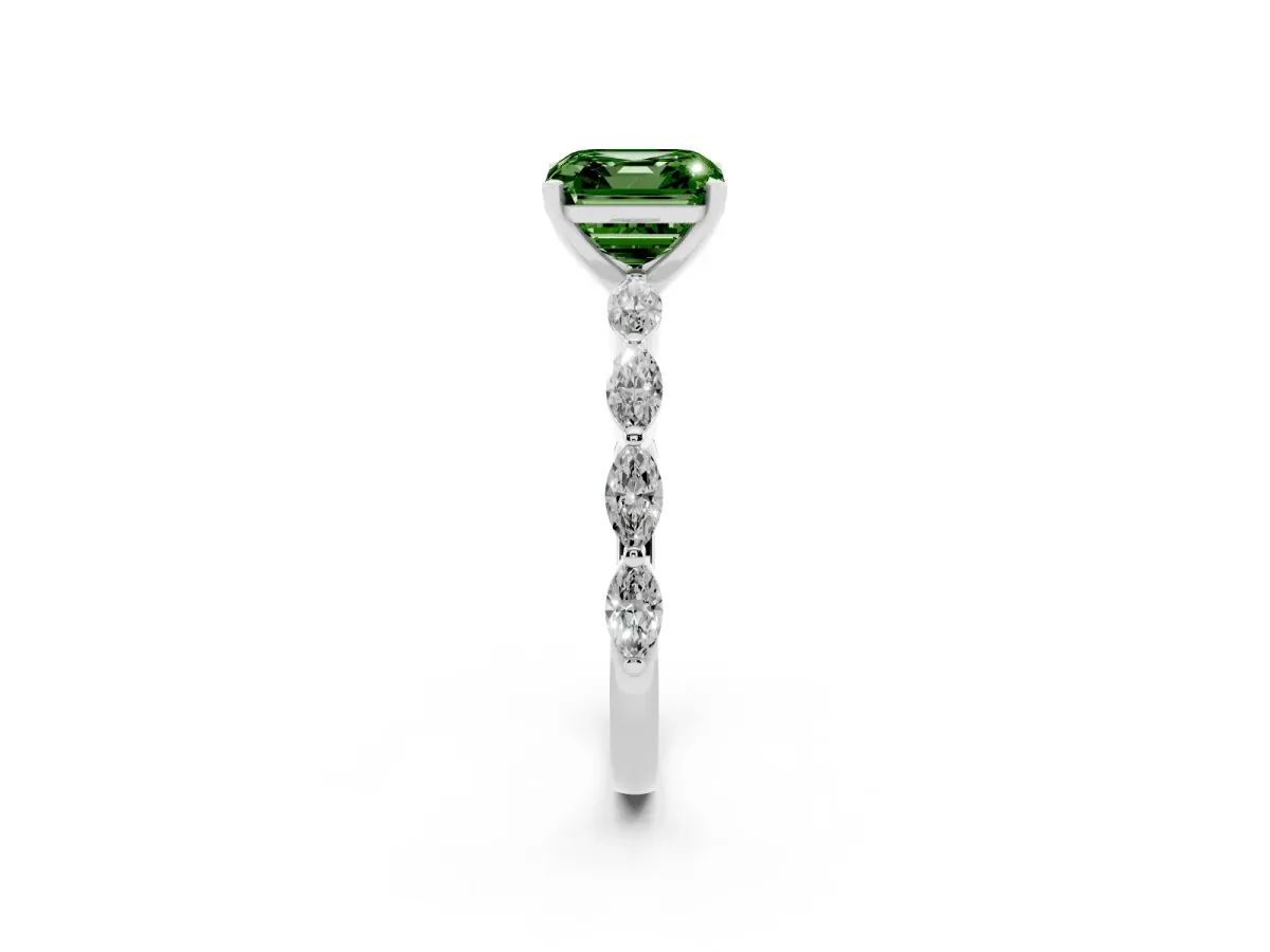 Fancy Green Asscher Cut Diamond Ring with Marquise Side Stones and Prong Setting Silver