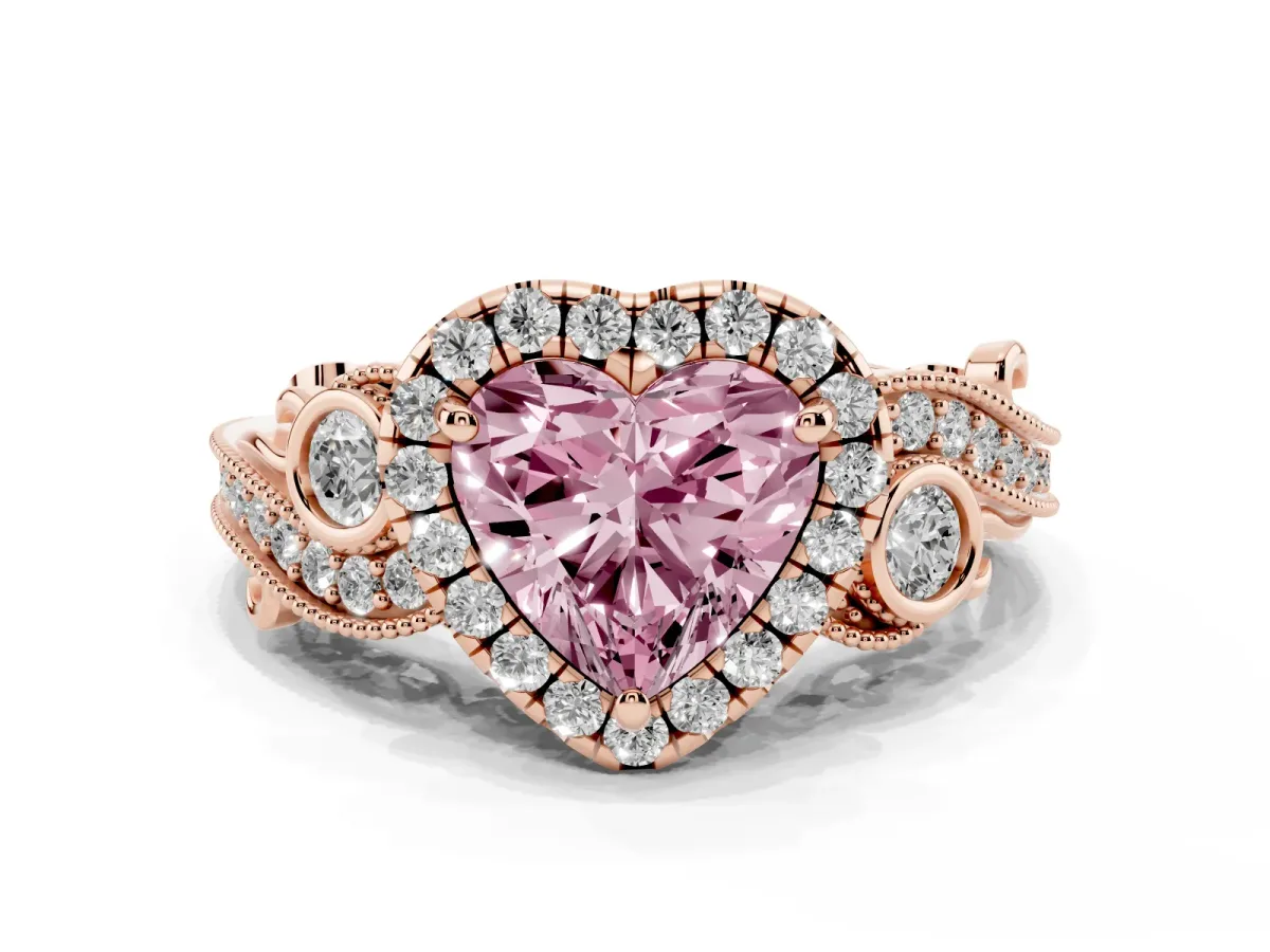 Fancy Pink Heart Cut Diamond Halo Ring with Milgrain Pavé Band and Four-Prong Setting Rose gold
