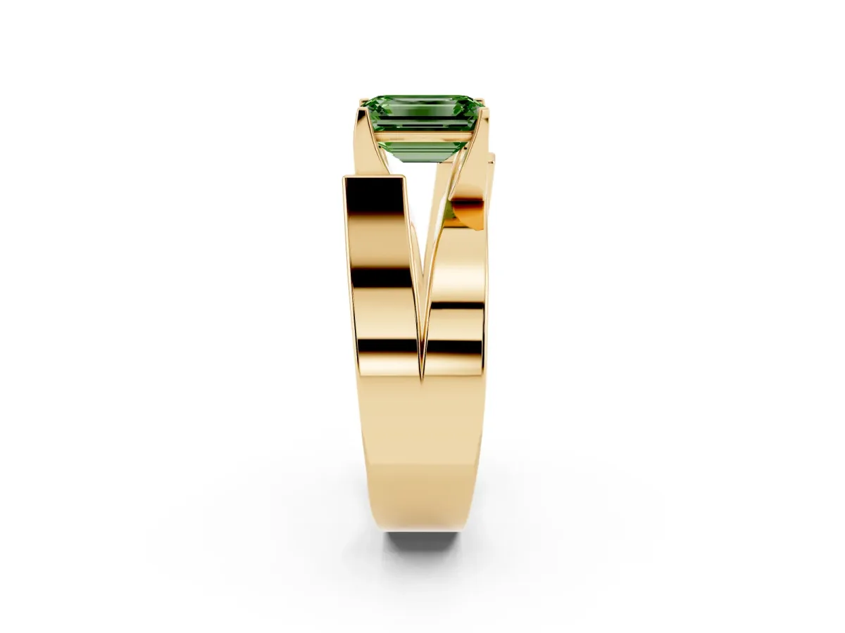 Fancy Green Modern Tension Set Emerald Cut Diamond Solitaire Wide Band Ring Yellow gold