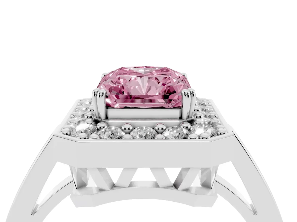 Fancy Pink Radiant Cut Diamond Halo Ring with Split Shank and Four-Prong Setting Silver