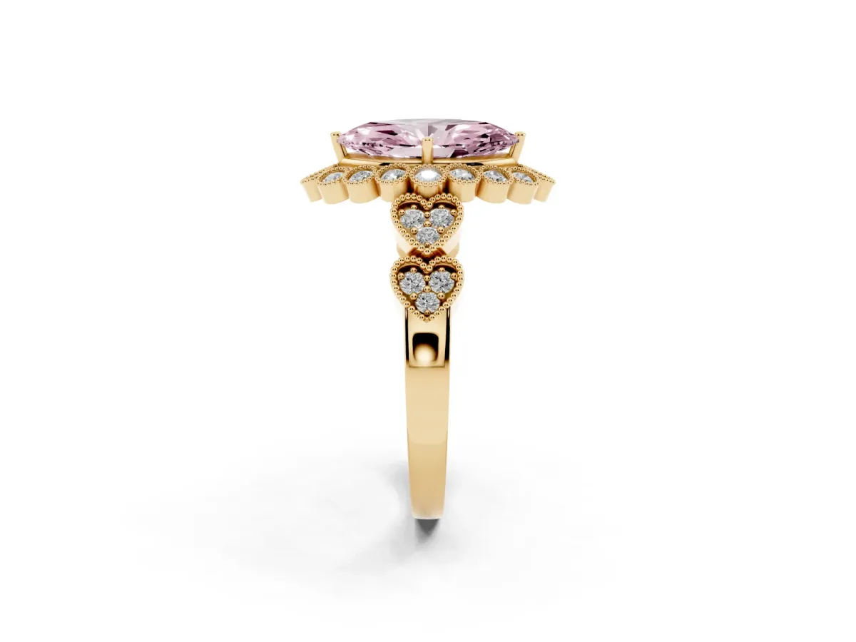 Fancy Pink Marquise Cut Brilliant Milgrain Pave Heart Band Solitaire Ring Yellow gold
