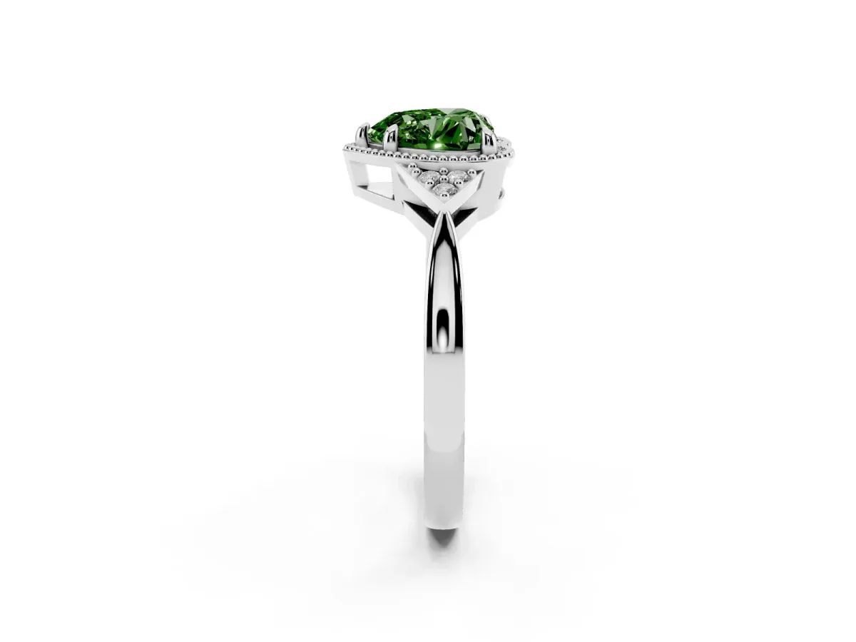Fancy Green Heart Cut Diamond Halo Ring with Tapered Band and Four-Prong Setting Platinum