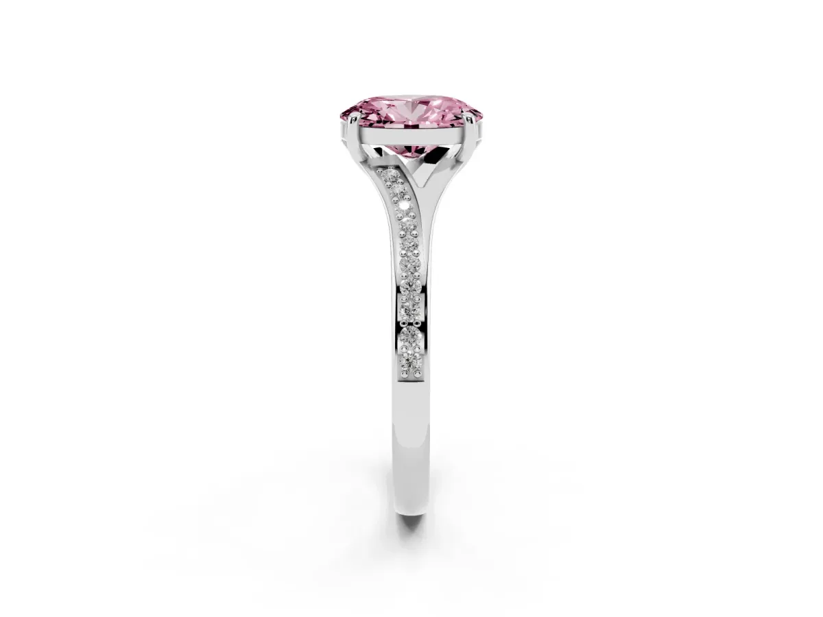 Fancy Pink Oval Cut Diamond Solitaire Ring with Pavé Band and Prong Setting Silver