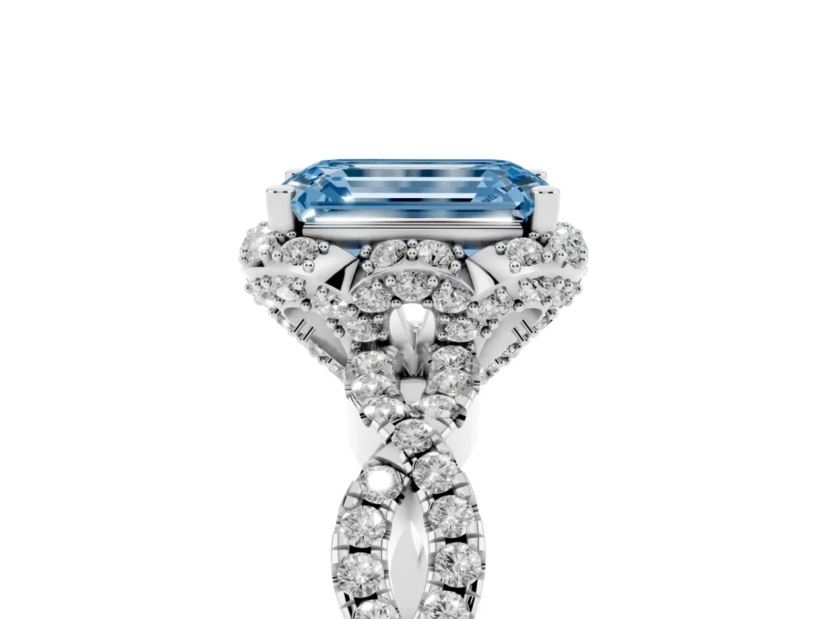 Fancy Blue Emerald Cut Halo Twist Band Solitaire Ring with Six-Prong Setting Silver
