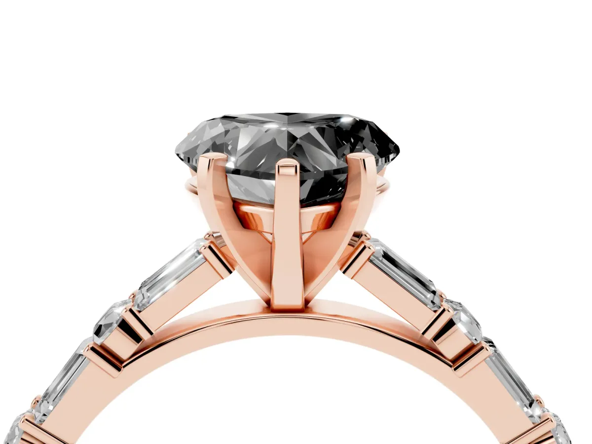 Fancy Black Heart Cut Diamond Solitaire with Side Baguettes and Channel Set Band Rose gold