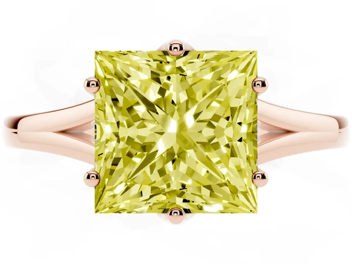 Fancy Yellow Princess Cut Solitaire Diamond Ring with Six-Prong Setting and Tapered Band Rose gold