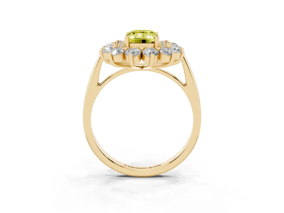 Fancy Yellow Emerald Cut Diamond Floral Double Halo Engagement Ring with Prong Setting Yellow gold