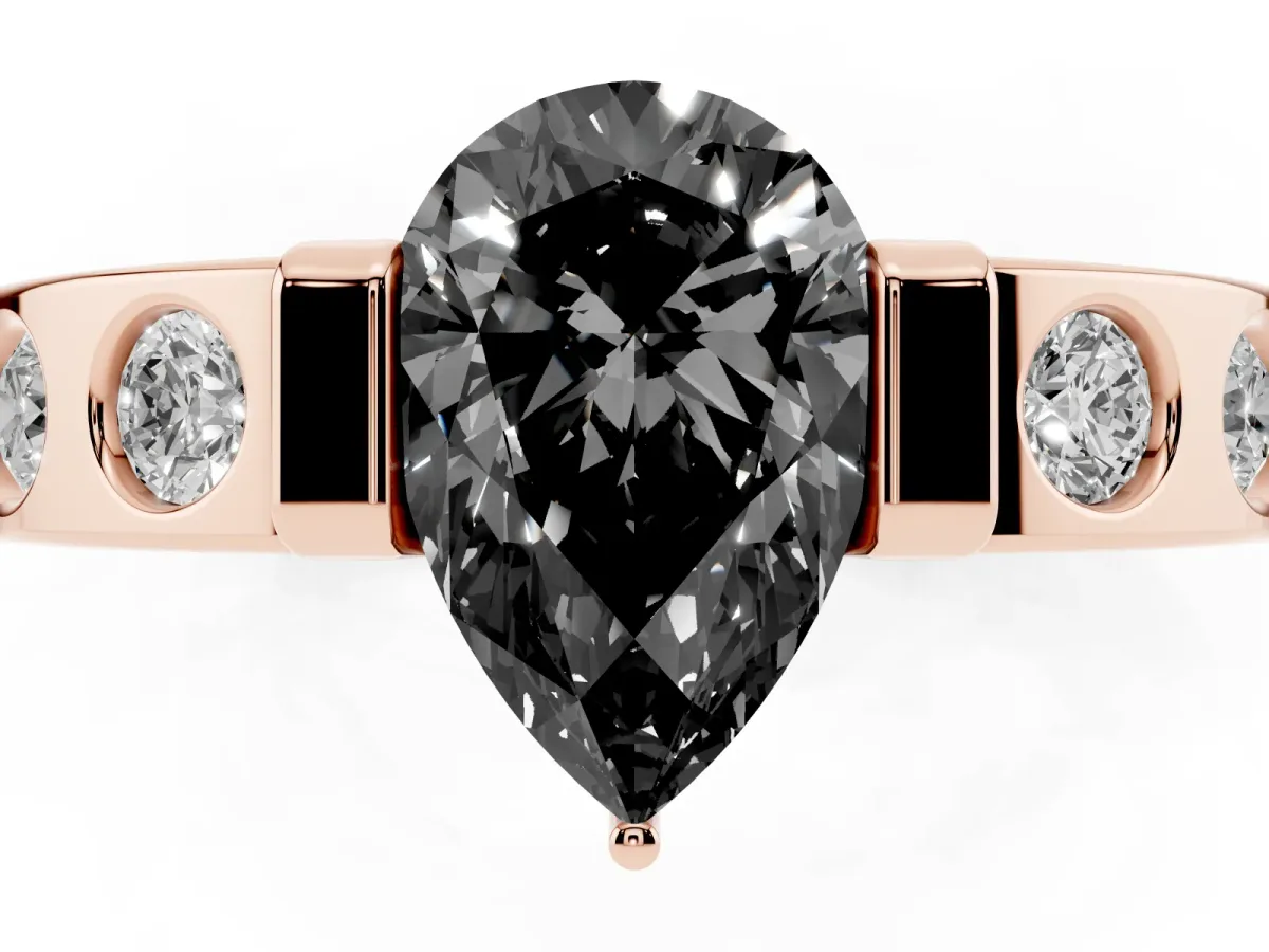 Fancy Black Pear Cut Brilliant Channel-Set Diamond Ring with Bezel Prong Setting Rose gold