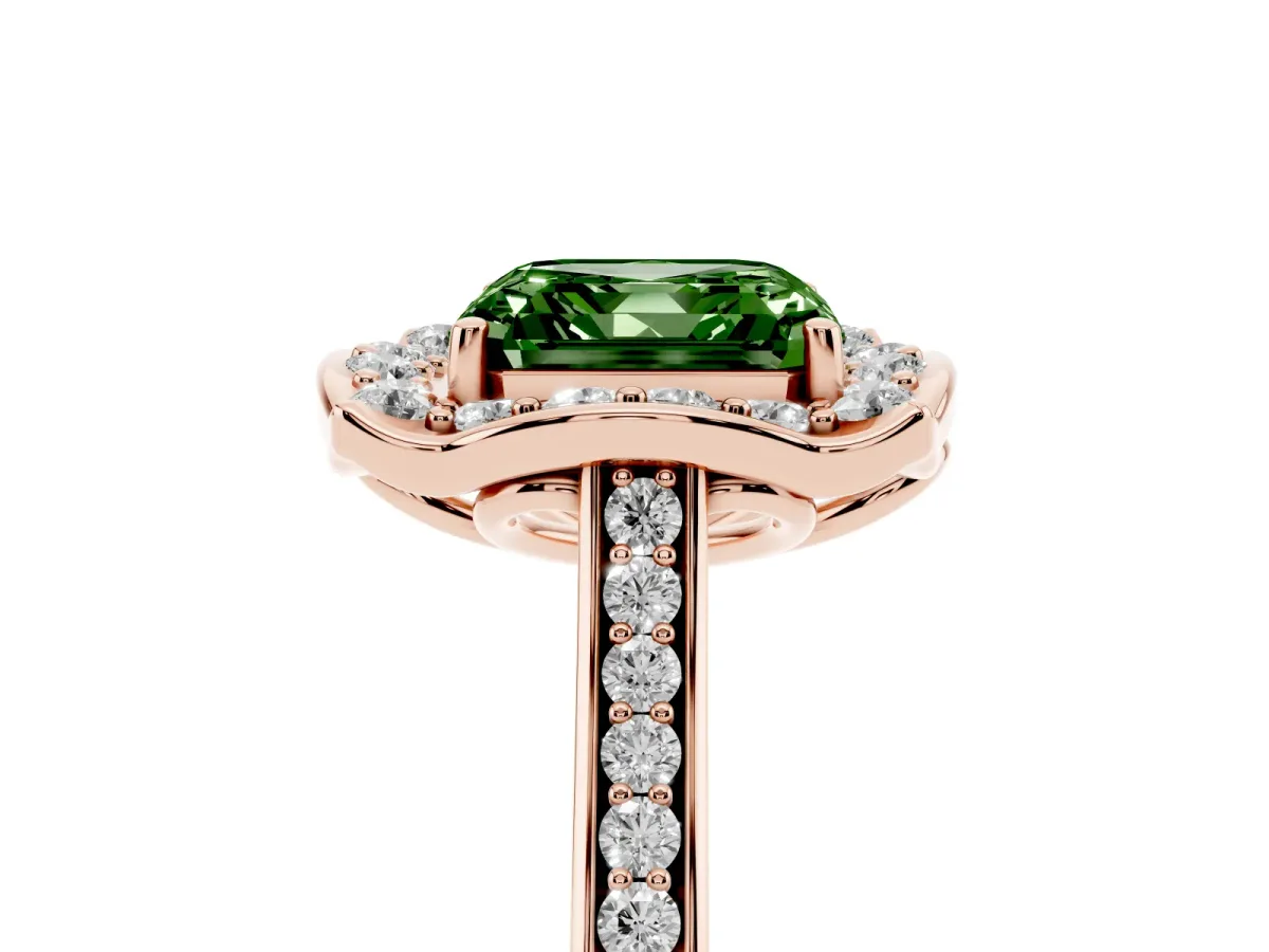Fancy Green Asscher Cut Halo Round Diamond Pave Band with Four-Prong Setting Rose gold