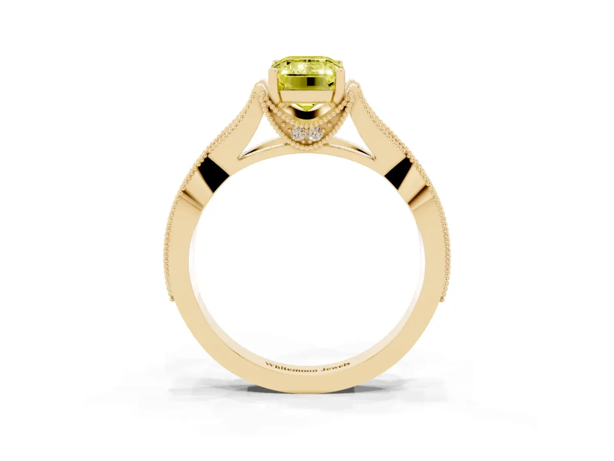 Fancy Yellow Emerald Cut Cut Diamond Twisted Band with Milgrain Pave Setting and Four-Prong Setting Yellow gold