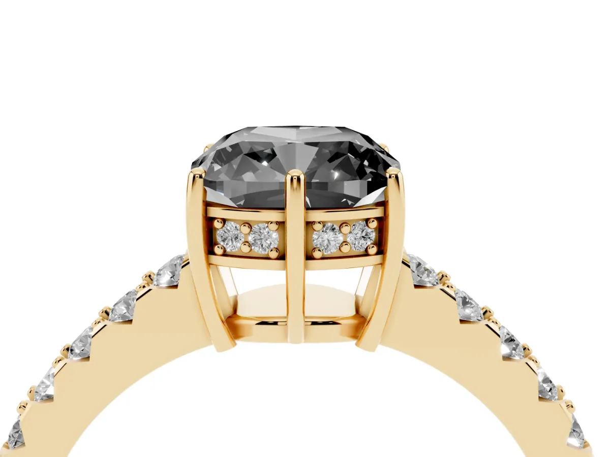 Fancy Black Cushion Cut Solitaire Diamond Engagement Ring with Pavé Band and Six-Prong Setting Yellow gold
