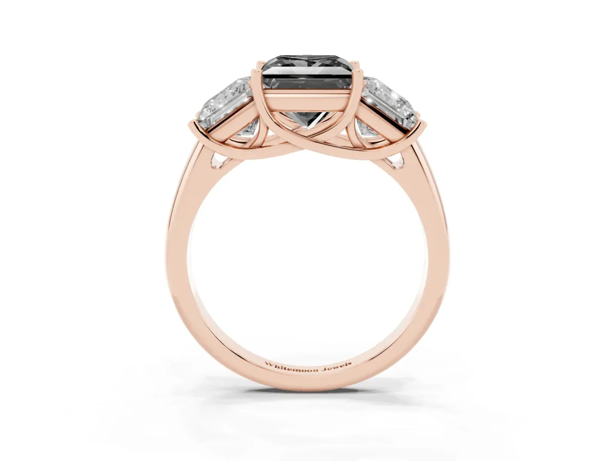 Fancy Black Three-Stone Princess Cut Diamond Engagement Ring with Prong Setting Rose gold